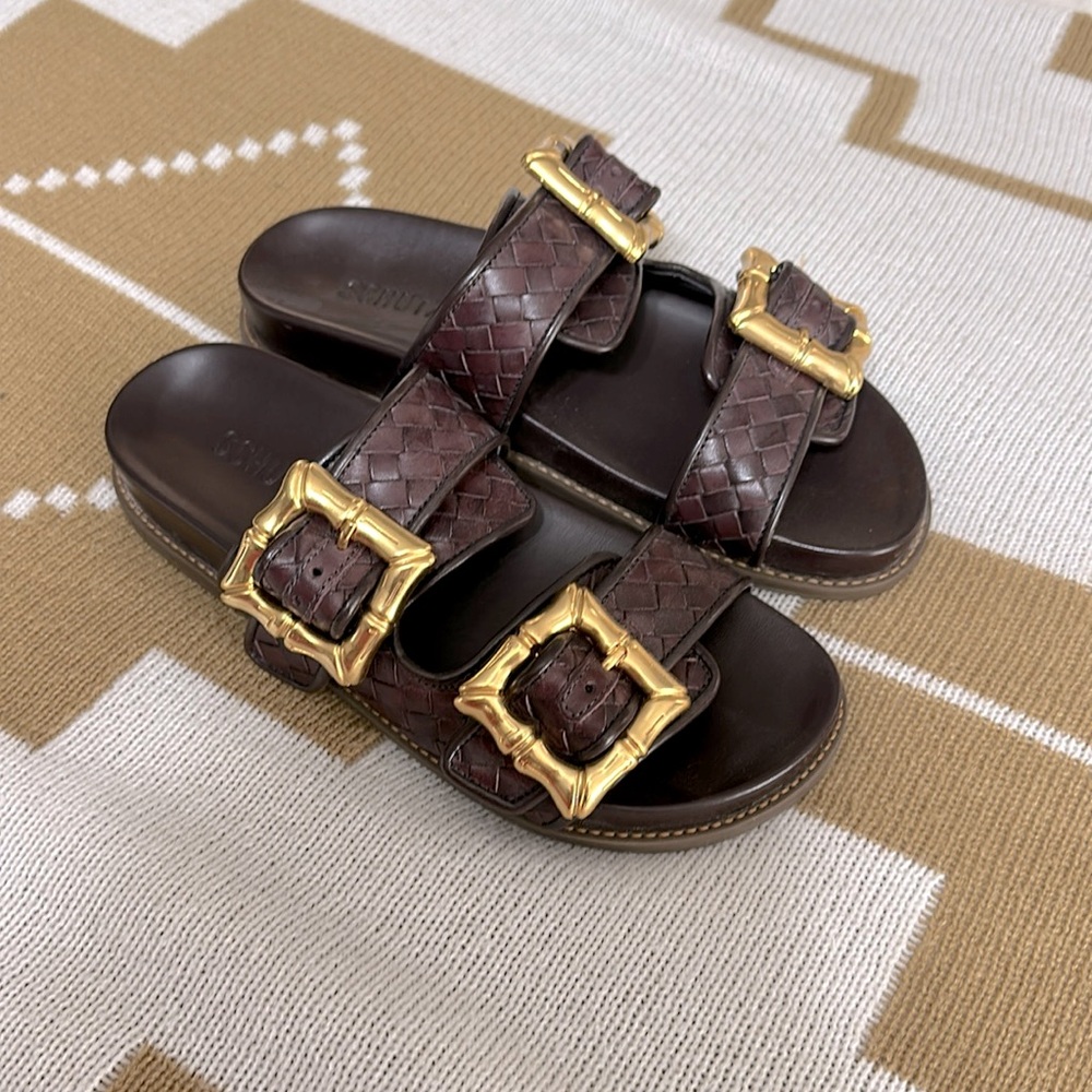 EUC Schutz woven leather big Gold buckle detail